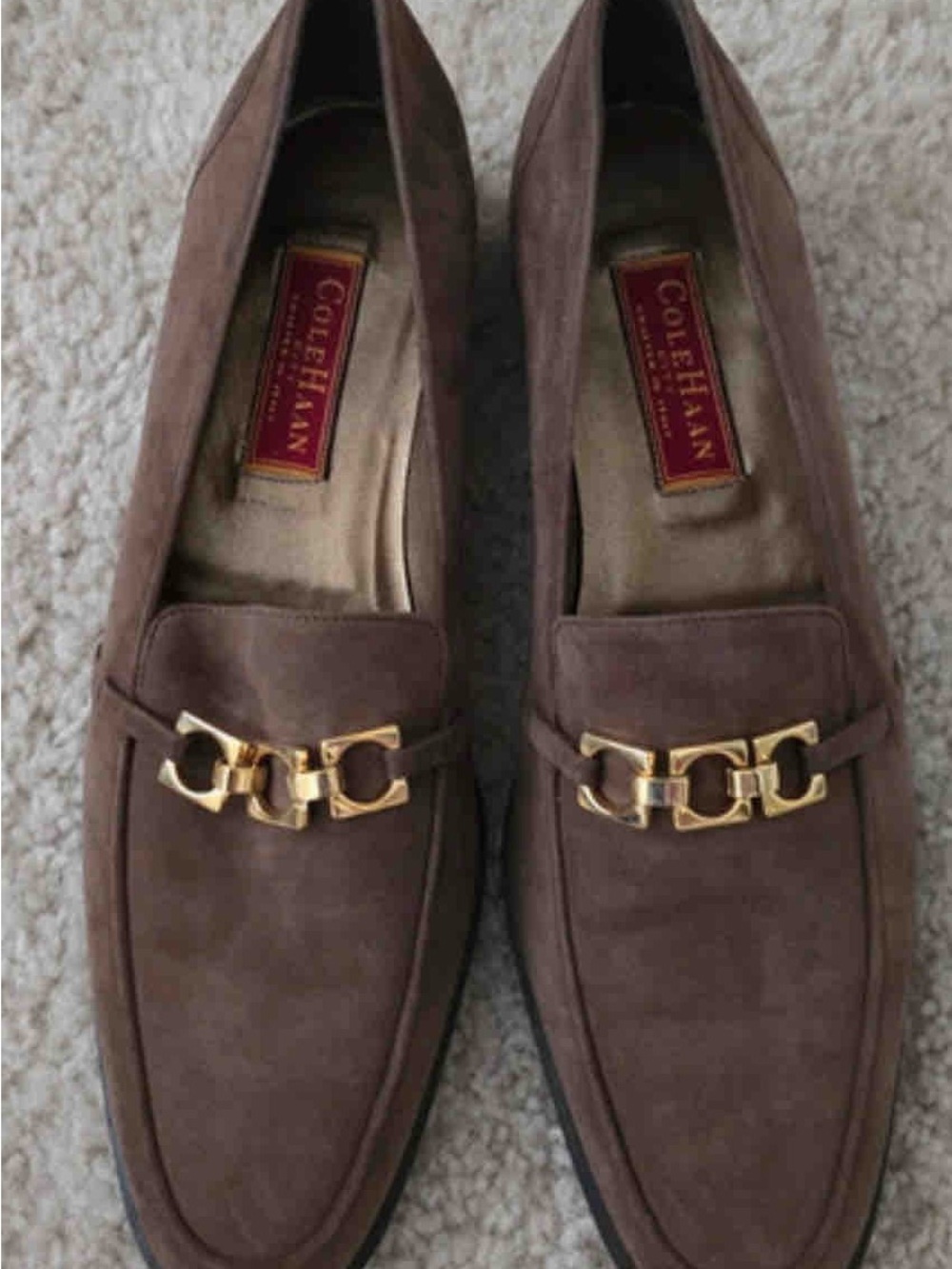 Cole Haan Brown Suede Loafers with Gold Chain Hardware